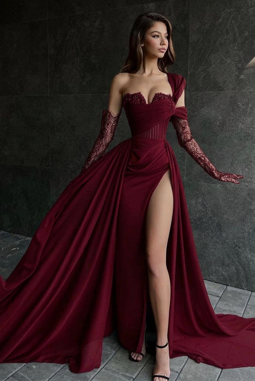 Burgundy one shoulder lace A-line prom dress
