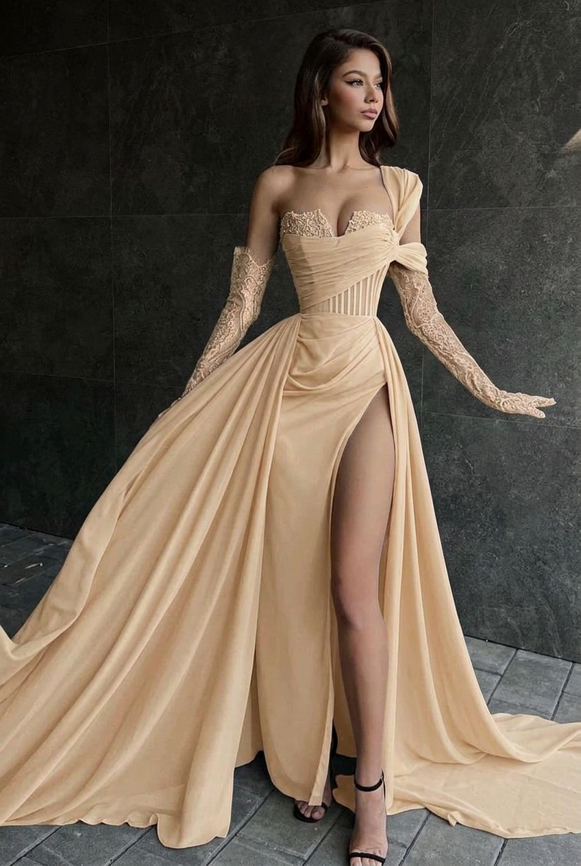 Champagne one shoulder lace A-line prom dress