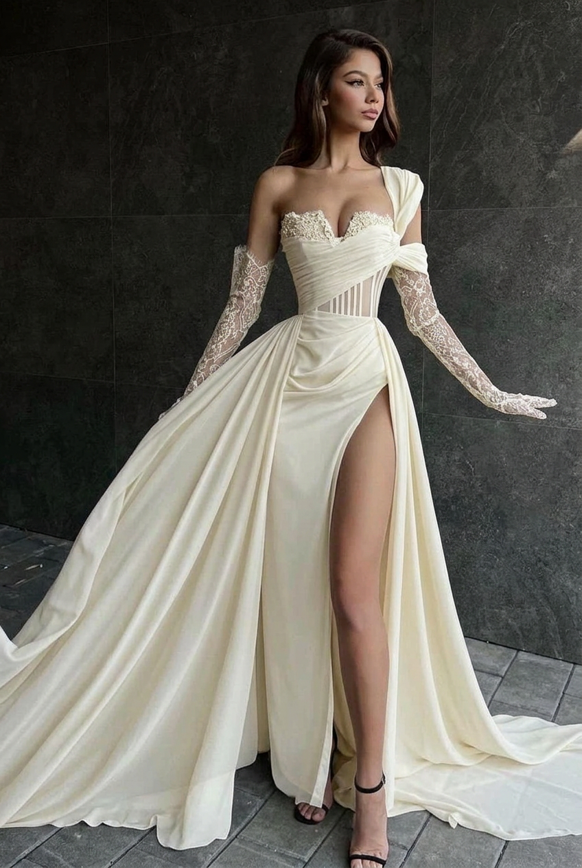 Ivory one shoulder lace A-line prom dress