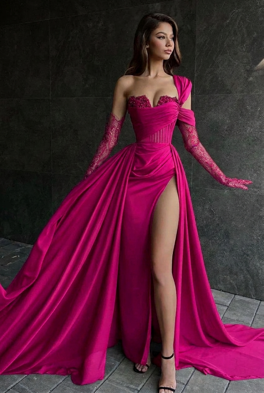 Fuchsia one shoulder lace A-line prom dress