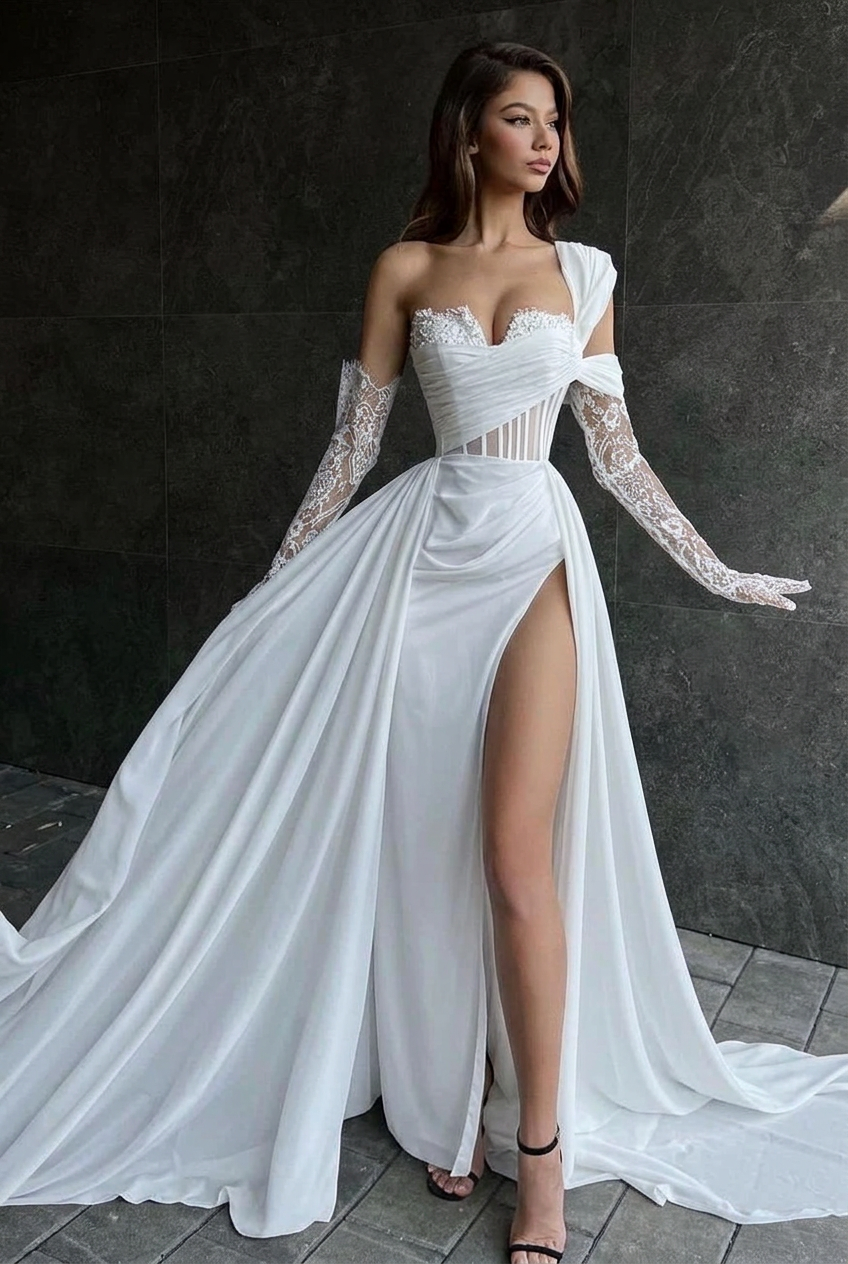 White one shoulder lace A-line prom dress
