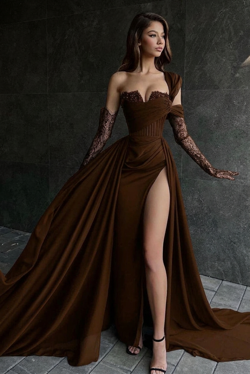 Chocolate one shoulder lace A-line prom dress