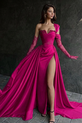 Fuchsia one shoulder lace A-line prom dress