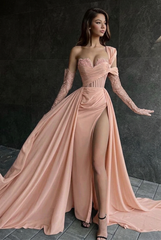 Pearl pink one shoulder lace A-line prom dress