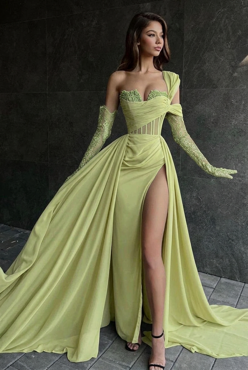 Sage one shoulder lace A-line prom dress