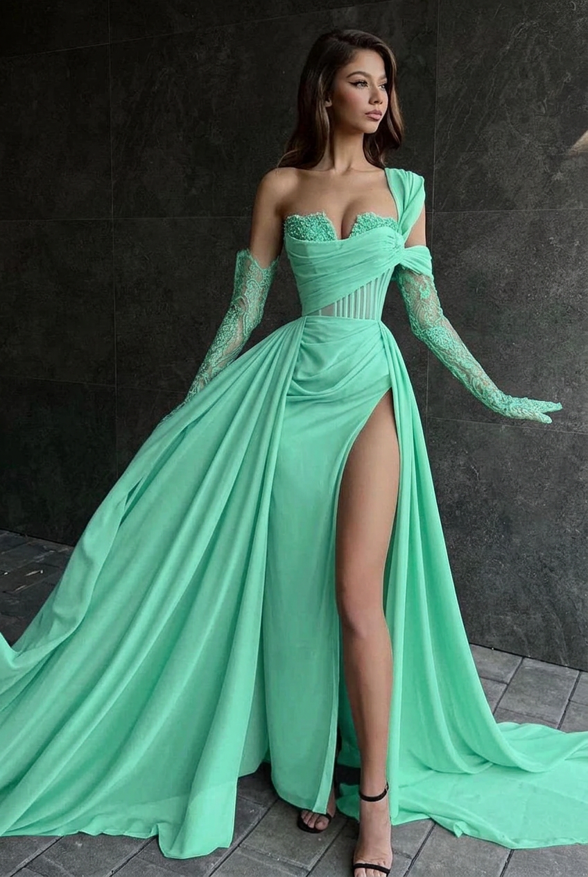 Mint green one shoulder lace A-line prom dress