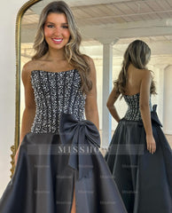 Beautiful Long Black A-line Strapless Pearls Prom Dress with Bow