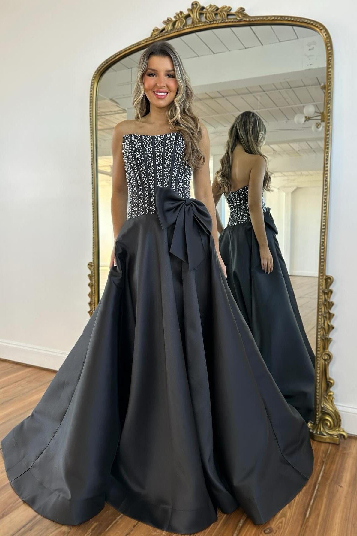 Beautiful Long Black A-line Strapless Pearls Prom Dress with Bow