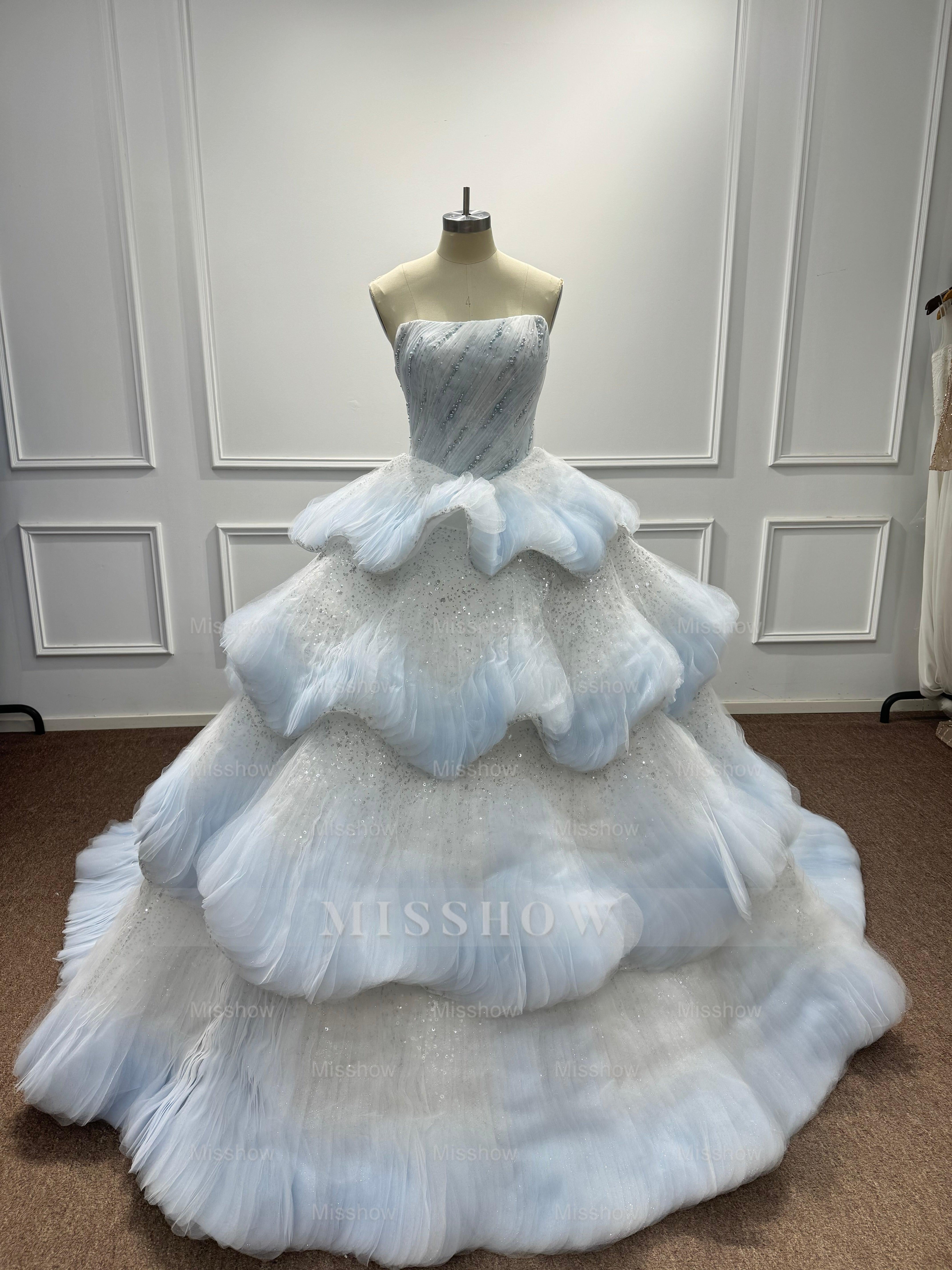 Beautiful Long Blue Ball Gown Cake strapless Sequined Prom Dress with Beads