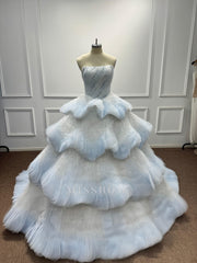 Beautiful Long Blue Ball Gown Cake strapless Sequined Prom Dress with Beads