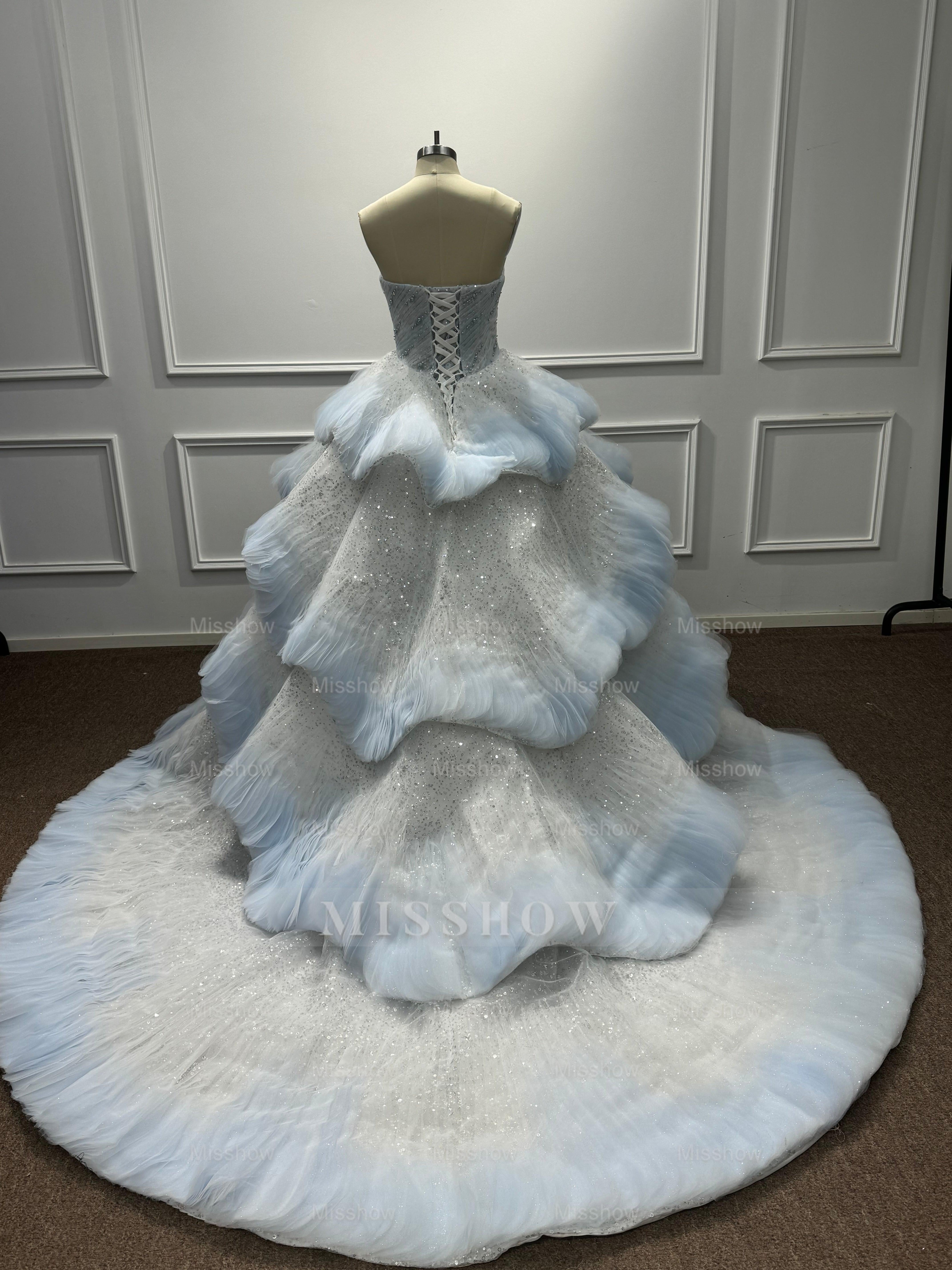 Beautiful Long Blue Ball Gown Cake strapless Sequined Prom Dress with Beads