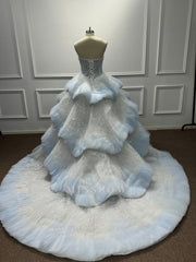 Beautiful Long Blue Ball Gown Cake strapless Sequined Prom Dress with Beads