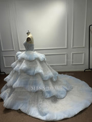 Beautiful Long Blue Ball Gown Cake strapless Sequined Prom Dress with Beads