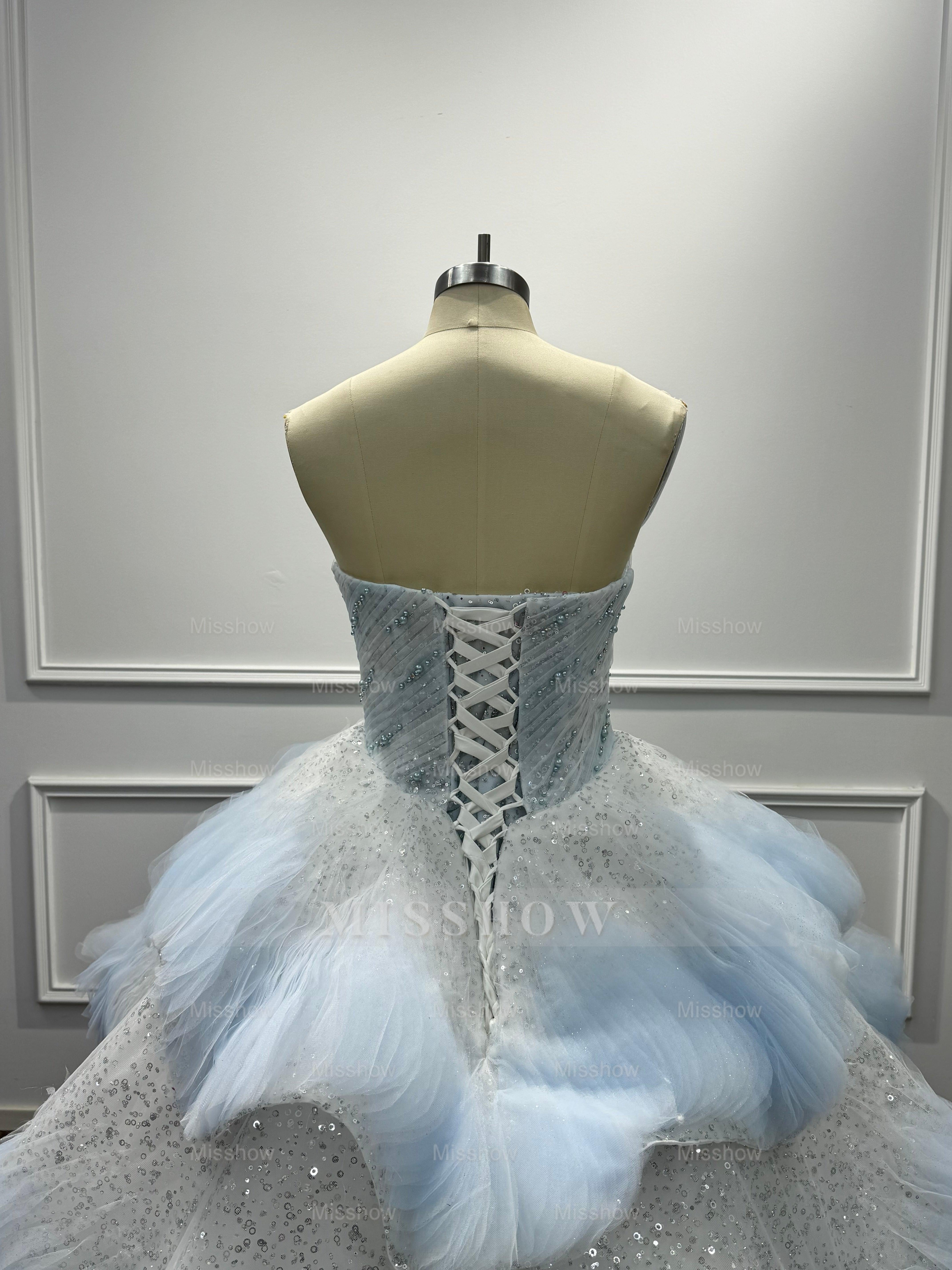 Beautiful Long Blue Ball Gown Cake strapless Sequined Prom Dress with Beads