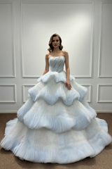 Beautiful Long Blue Ball Gown Cake strapless Sequined Prom Dress with Beads