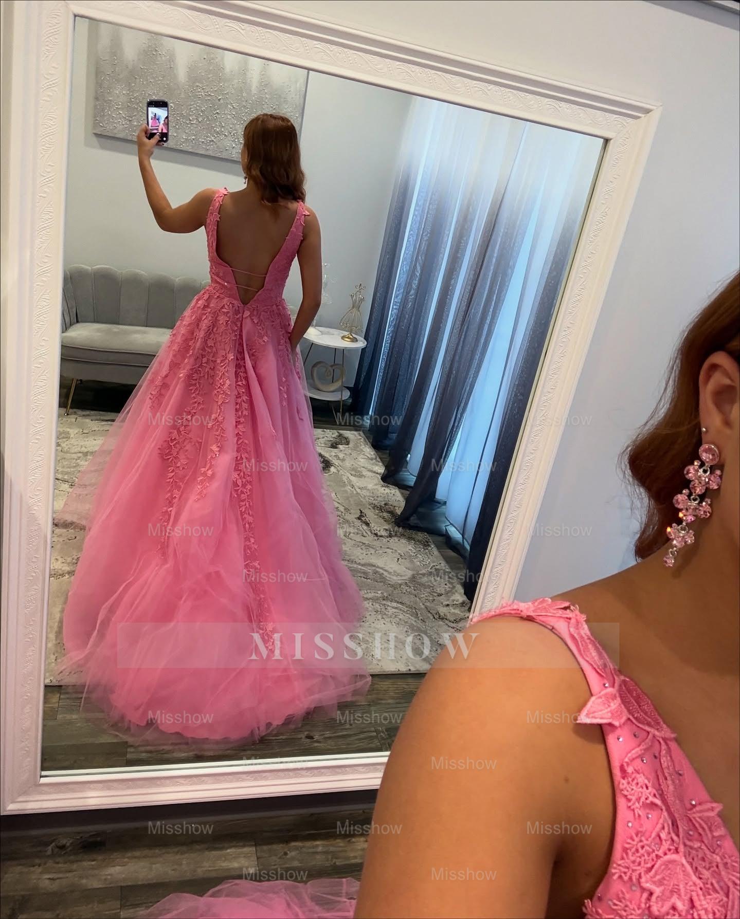 Beautiful Long Candy Pink A-line V-neck Sleeveless Prom Dress with Lace