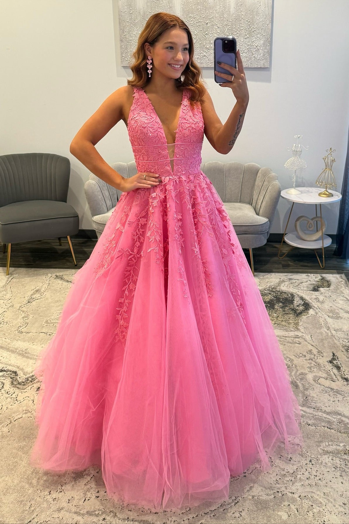 Beautiful Long Candy Pink A-line V-neck Sleeveless Prom Dress with Lace