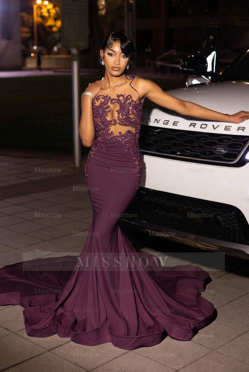 Grape high neck beaded mermaid prom dress