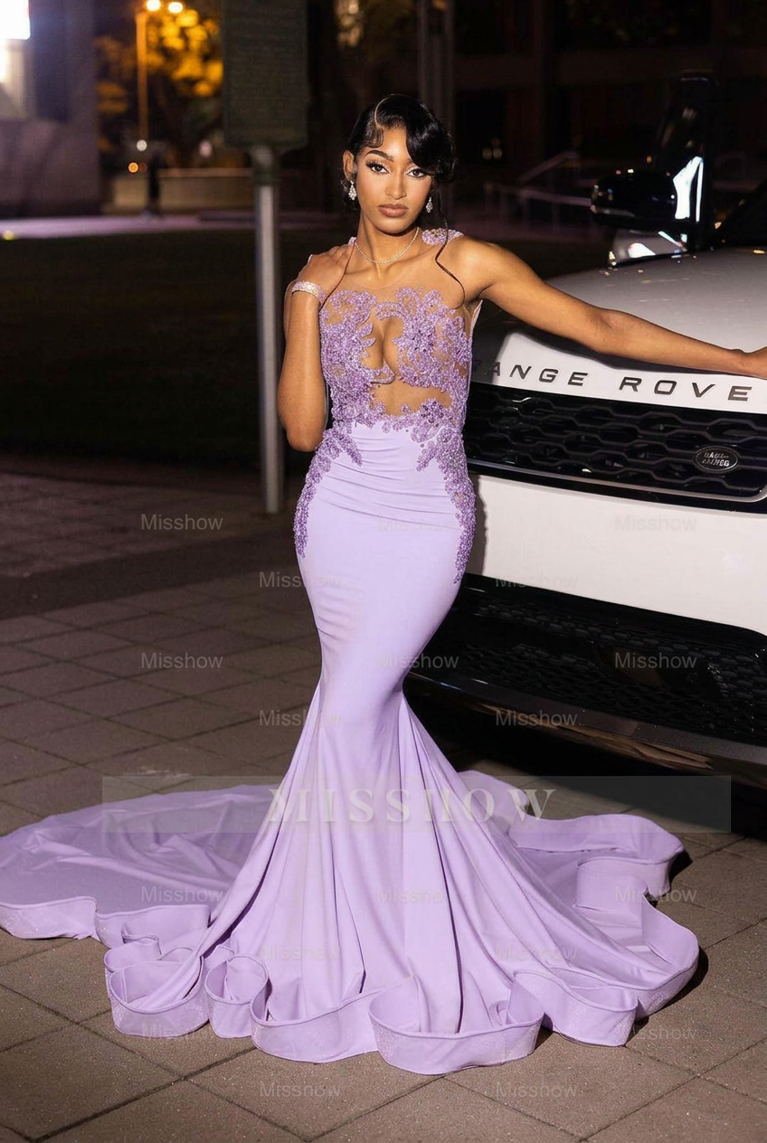 Lavender high neck beaded mermaid prom dress