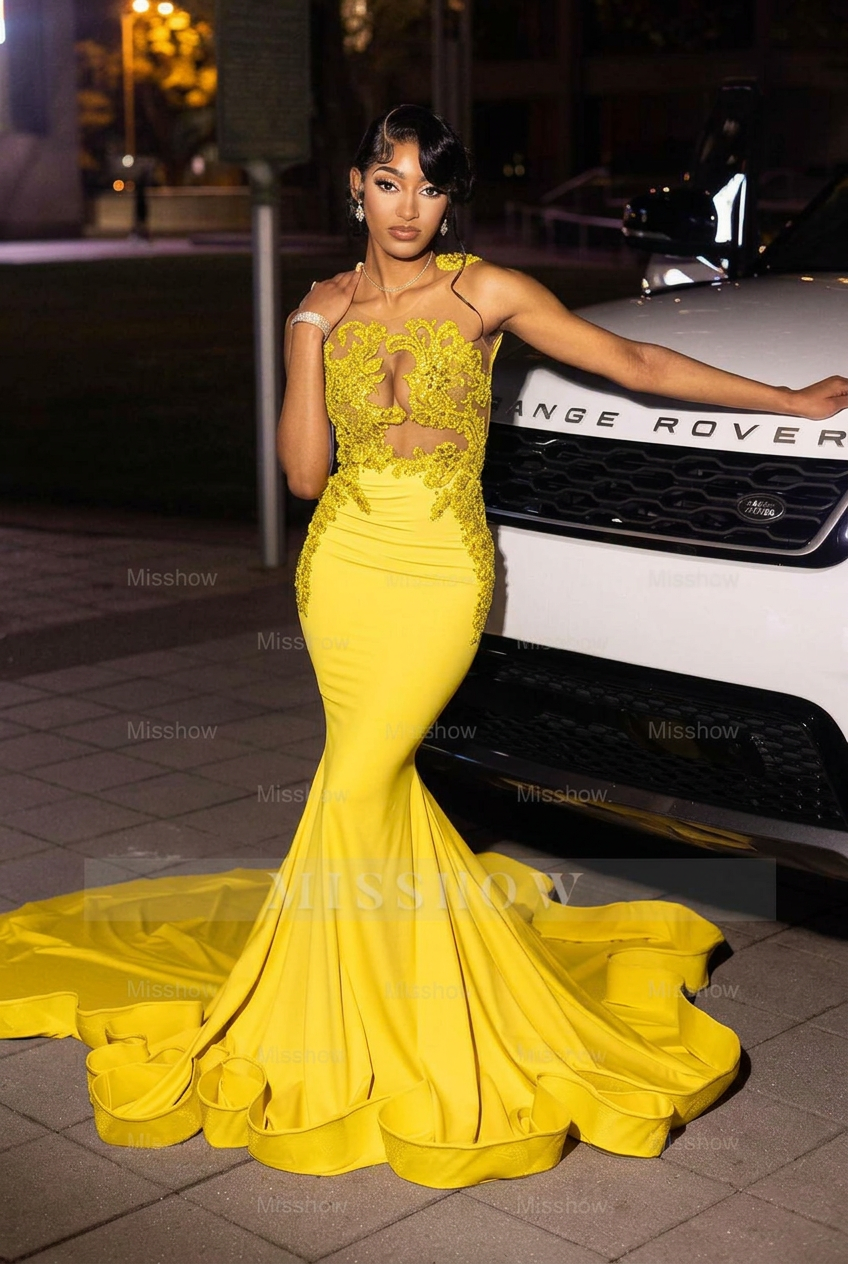 Yellow high neck beaded mermaid prom dress