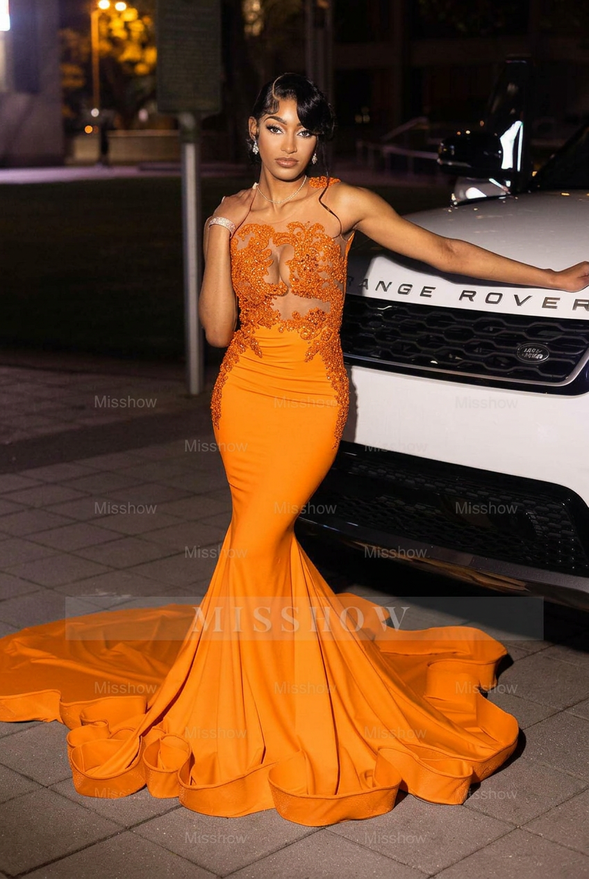 Orange high neck beaded mermaid prom dress