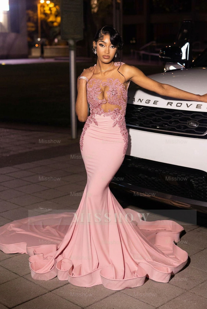 Candy pink high neck beaded mermaid prom dress