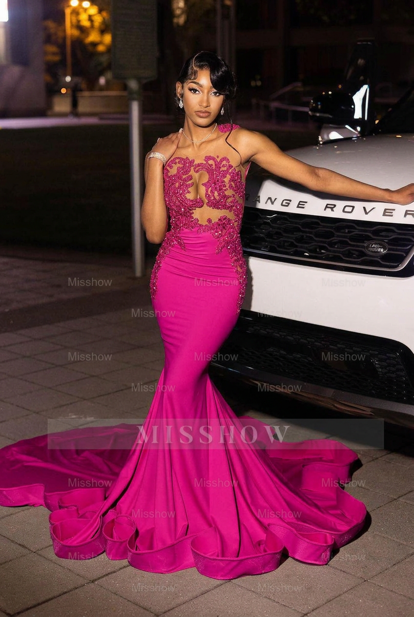Fuchsia high neck beaded mermaid prom dress
