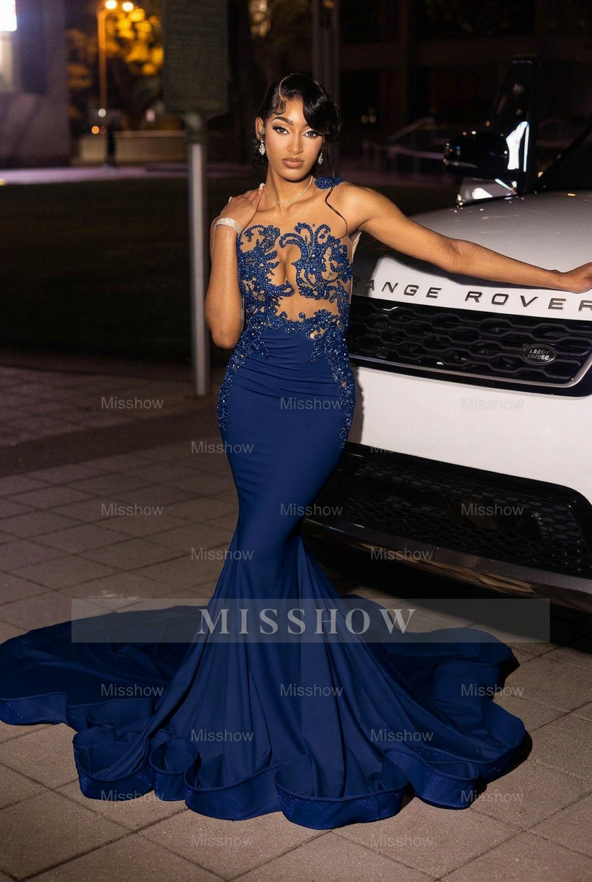Dark navy high neck beaded mermaid prom dress