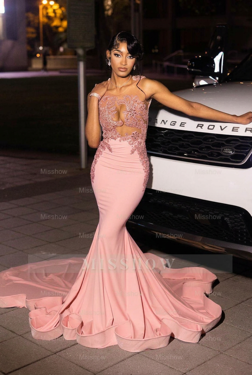 Blushing pink high neck beaded mermaid prom dress