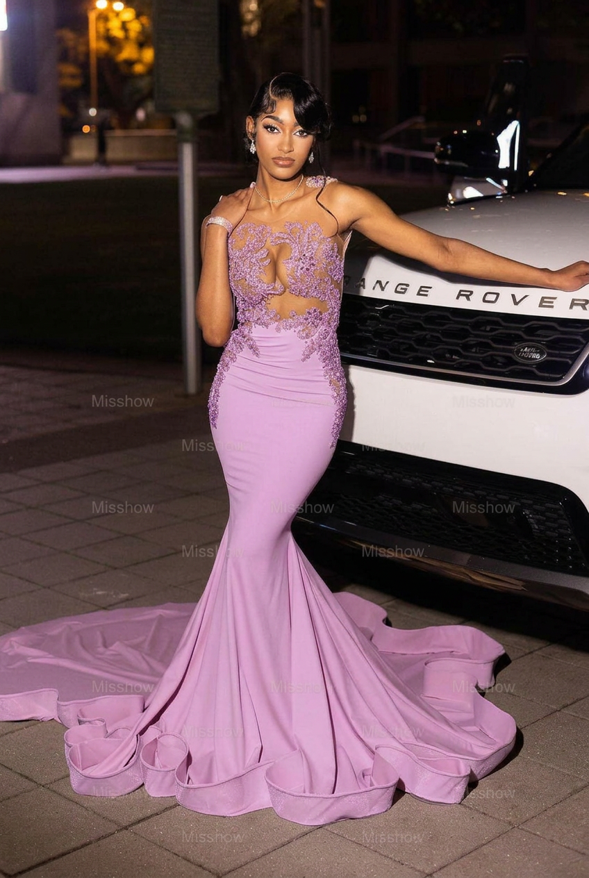 Lilac high neck beaded mermaid prom dress