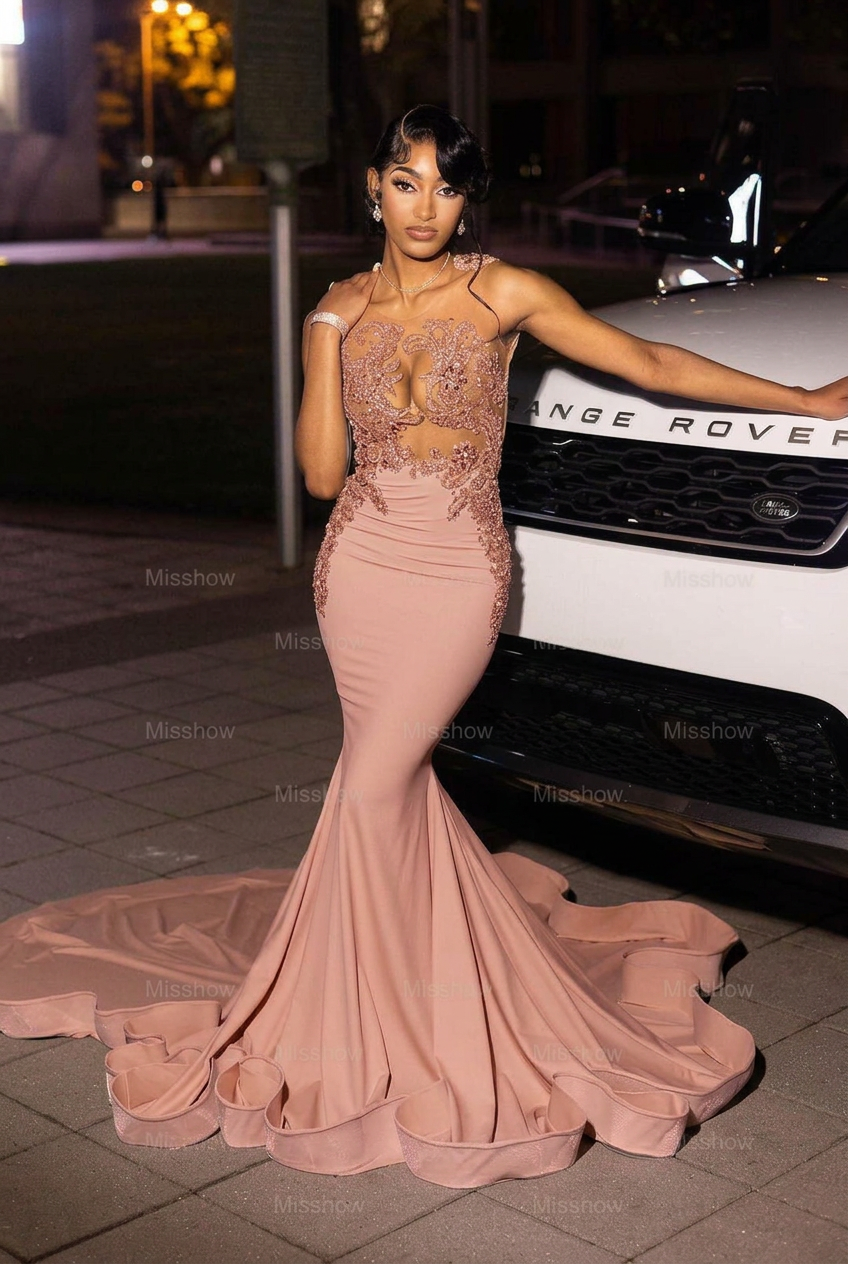 Dusty rose high neck beaded mermaid prom dress
