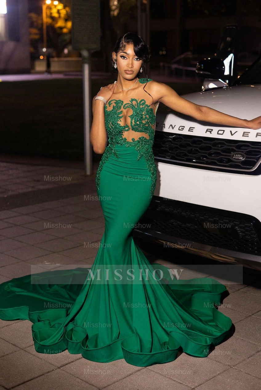 Emerald green high neck beaded mermaid prom dress