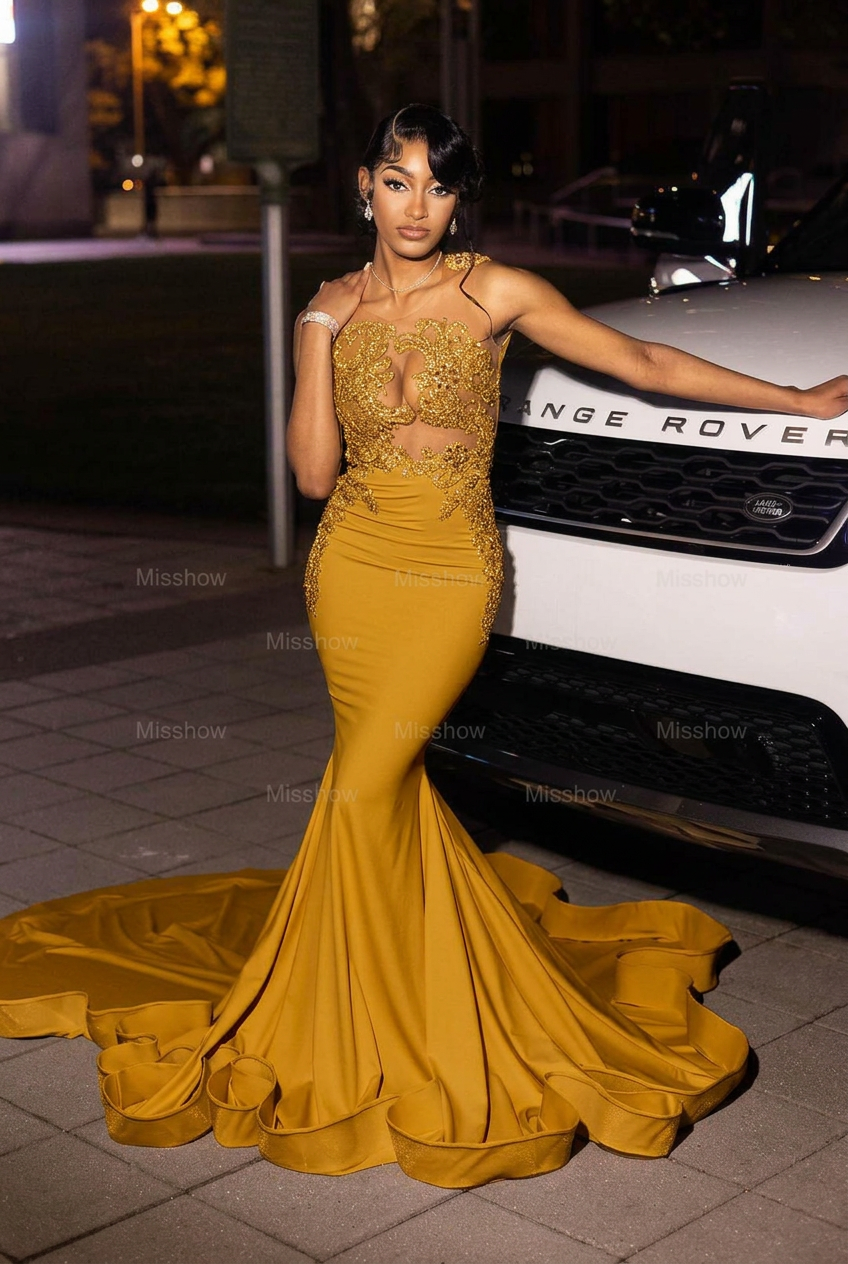 Gold high neck beaded mermaid prom dress