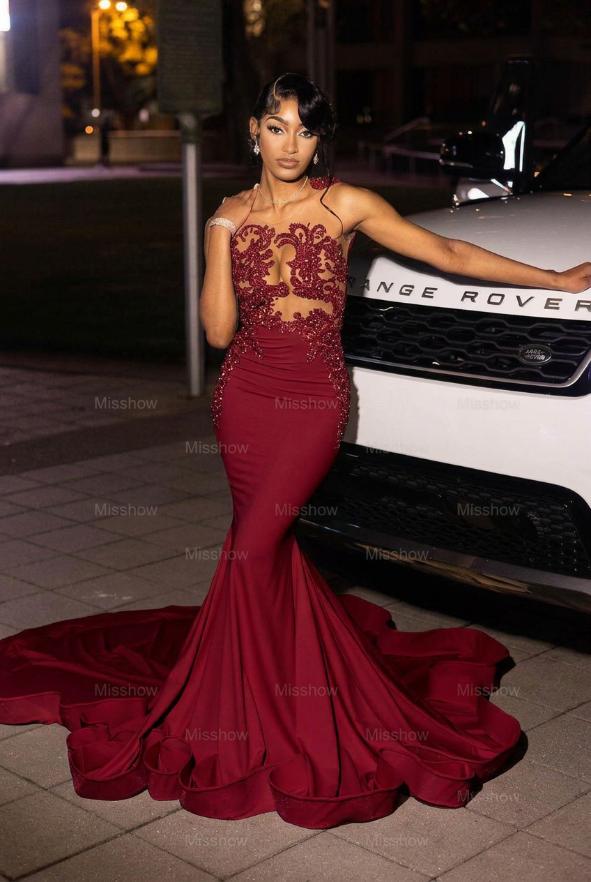 Burgundy high neck beaded mermaid prom dress