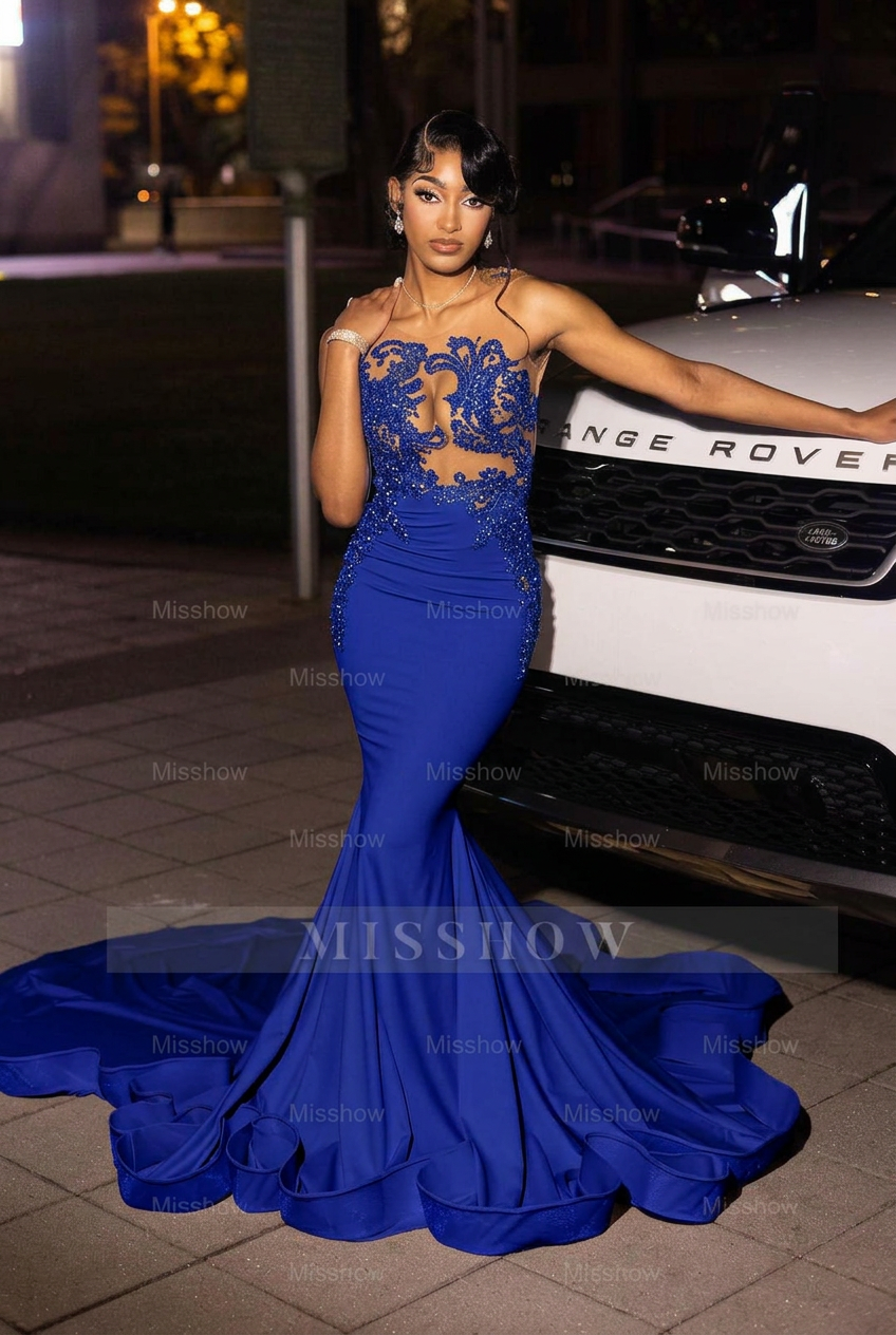 Royal blue high neck beaded mermaid prom dress