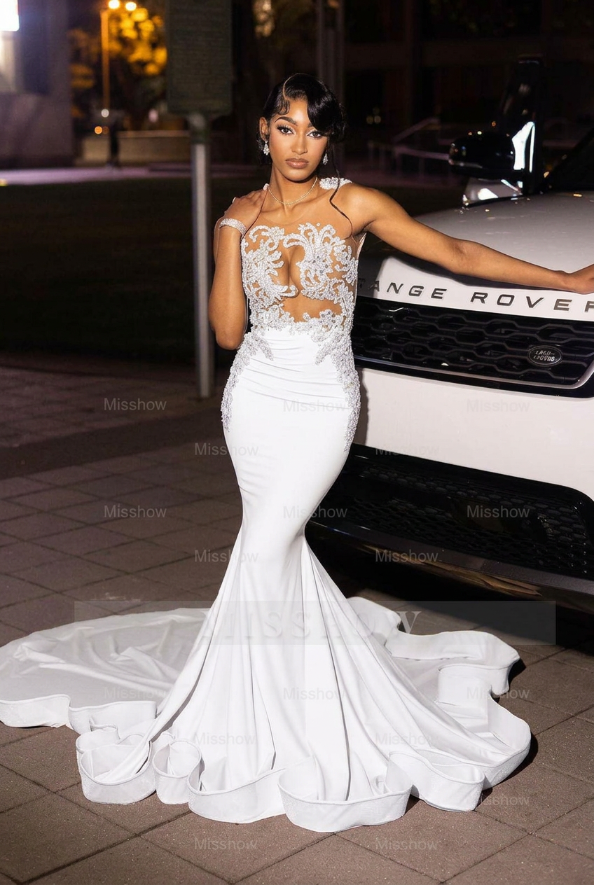 White high neck beaded mermaid prom dress