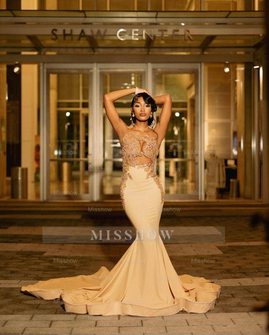 Champagne high neck beaded mermaid prom dress
