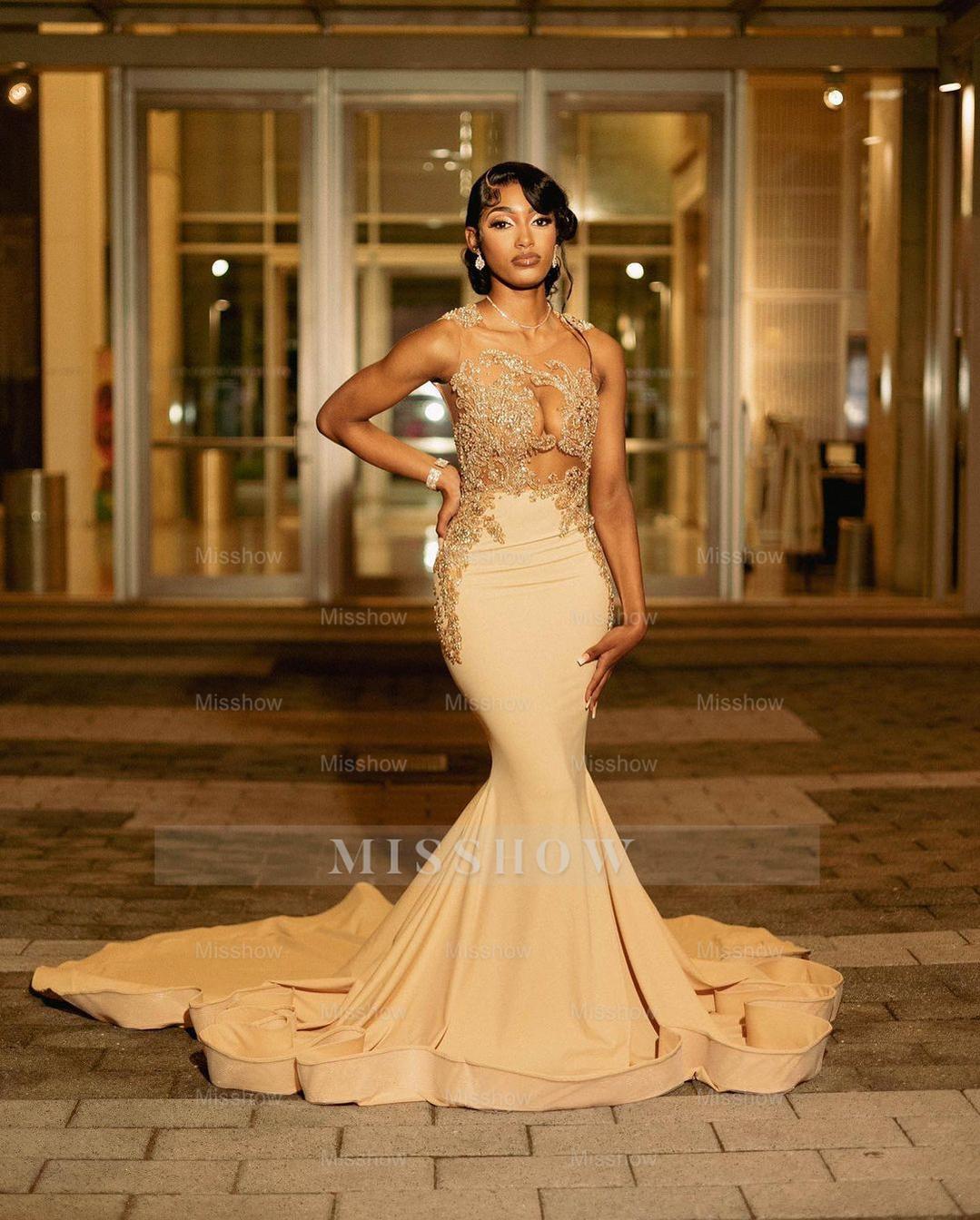Champagne high neck beaded mermaid prom dress