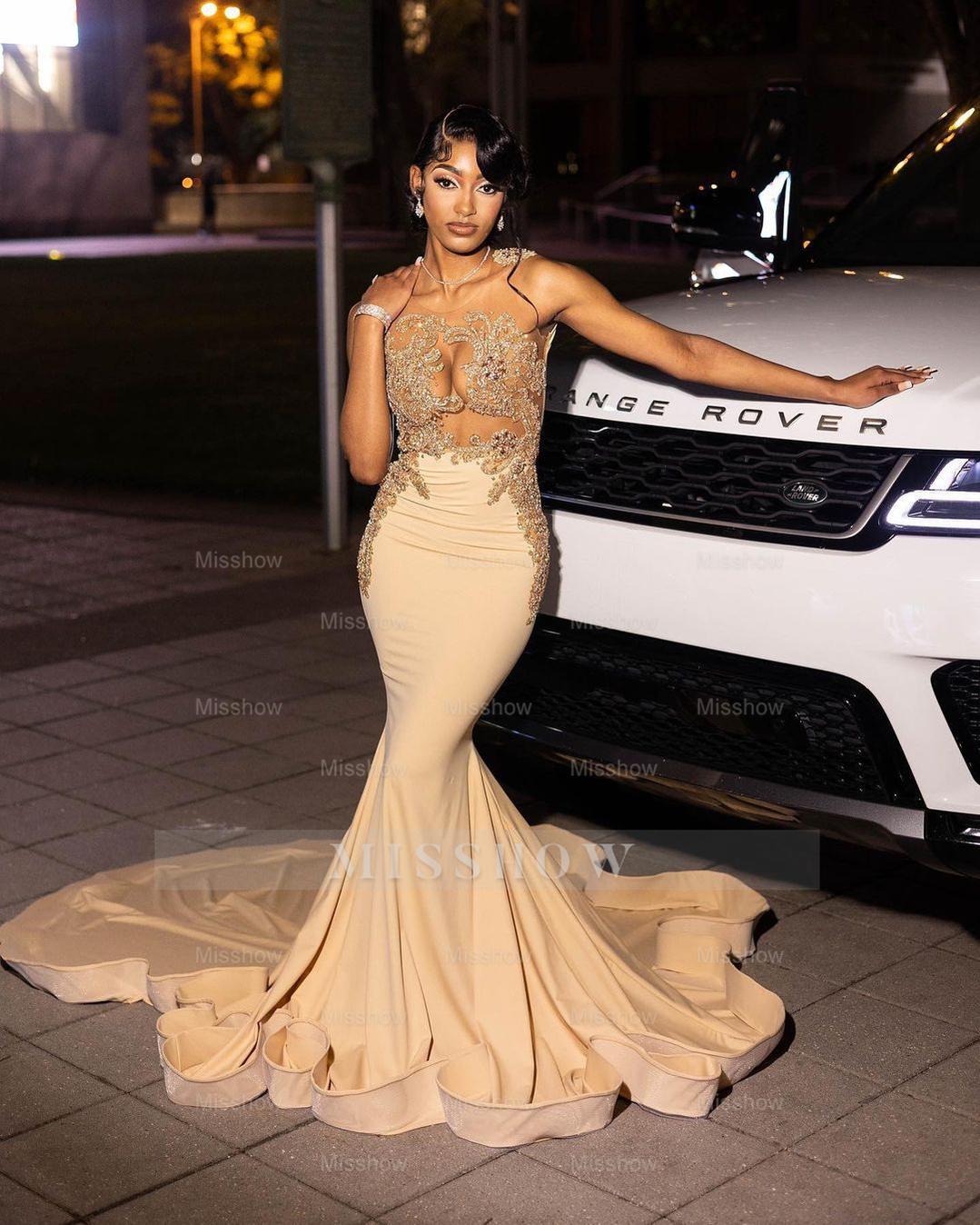 Champagne high neck beaded mermaid prom dress
