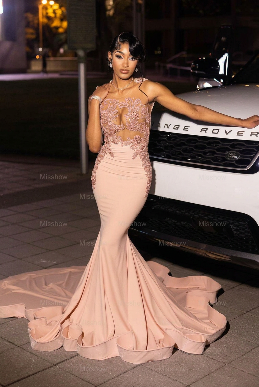 Pearl pink high neck beaded mermaid prom dress