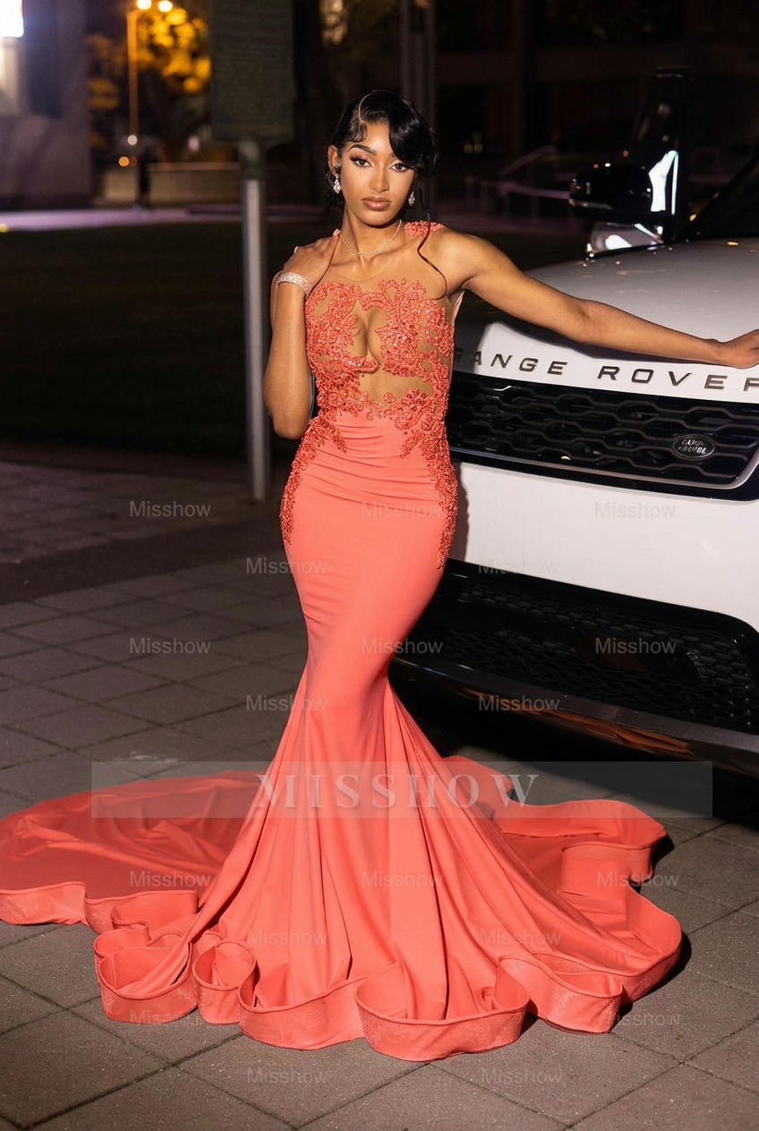 Coral high neck beaded mermaid prom dress