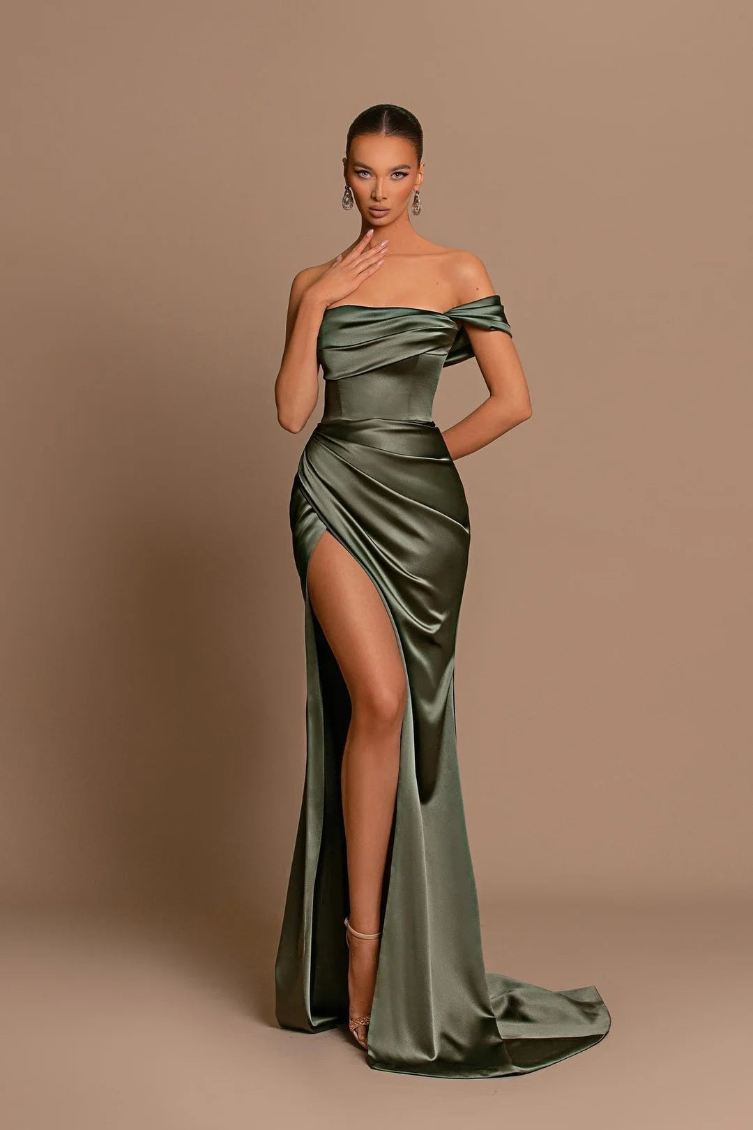 Sage off-the-shoulder split-front mermaid prom dress