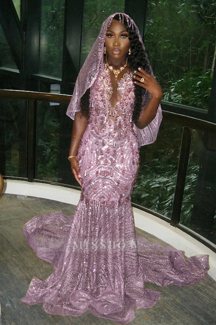 Beautiful Long Gold Mermaid Sleeveless Glitter Prom Dress with Veil