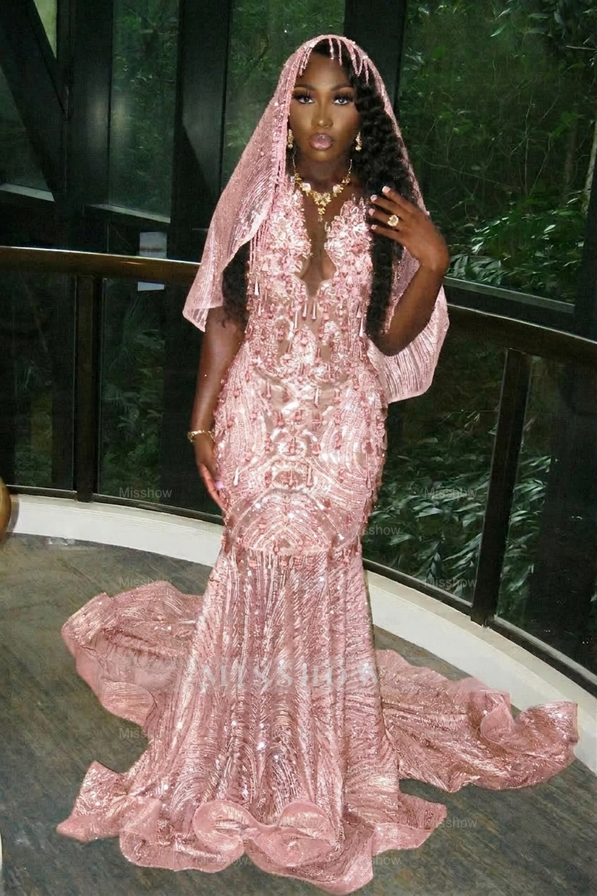 Beautiful Long Gold Mermaid Sleeveless Glitter Prom Dress with Veil