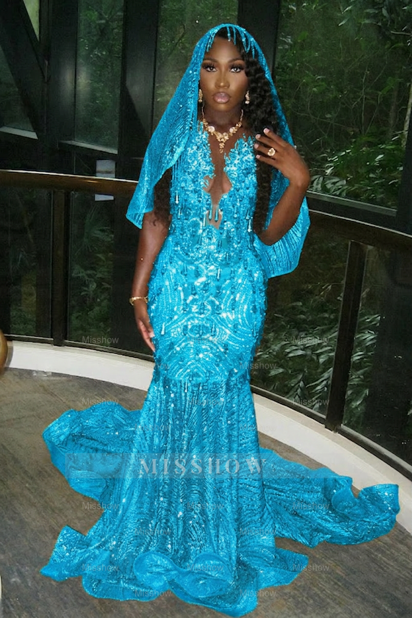 Beautiful Long Gold Mermaid Sleeveless Glitter Prom Dress with Veil