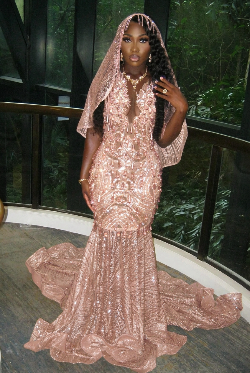 Pearl pink v-neck beaded mermaid prom dress