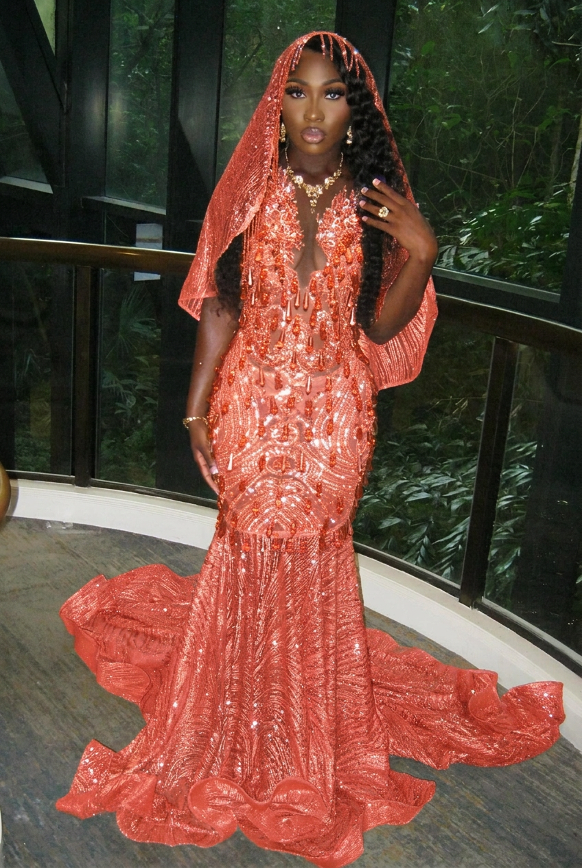 Coral v-neck beaded mermaid prom dress