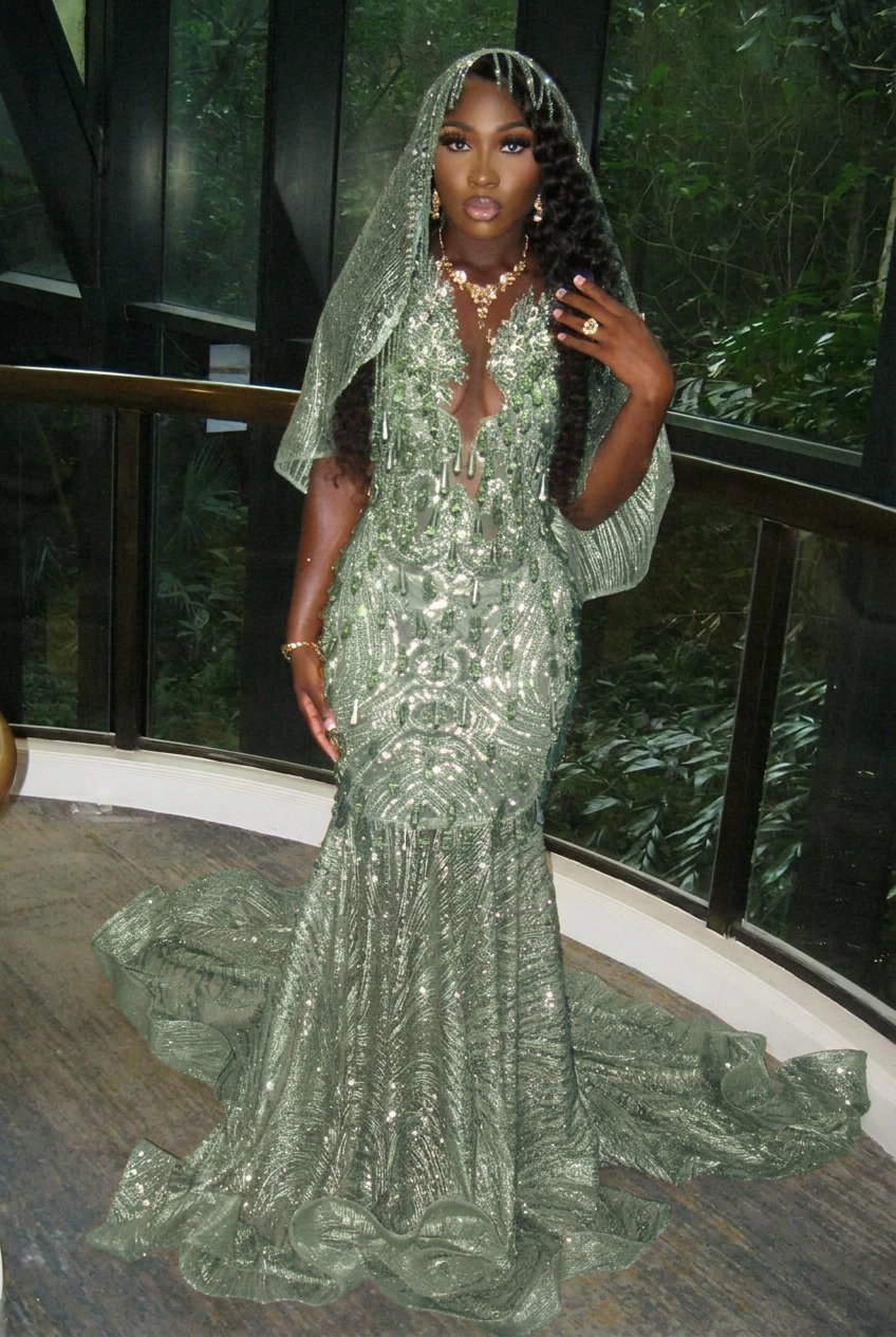 Dusty sage v-neck beaded mermaid prom dress