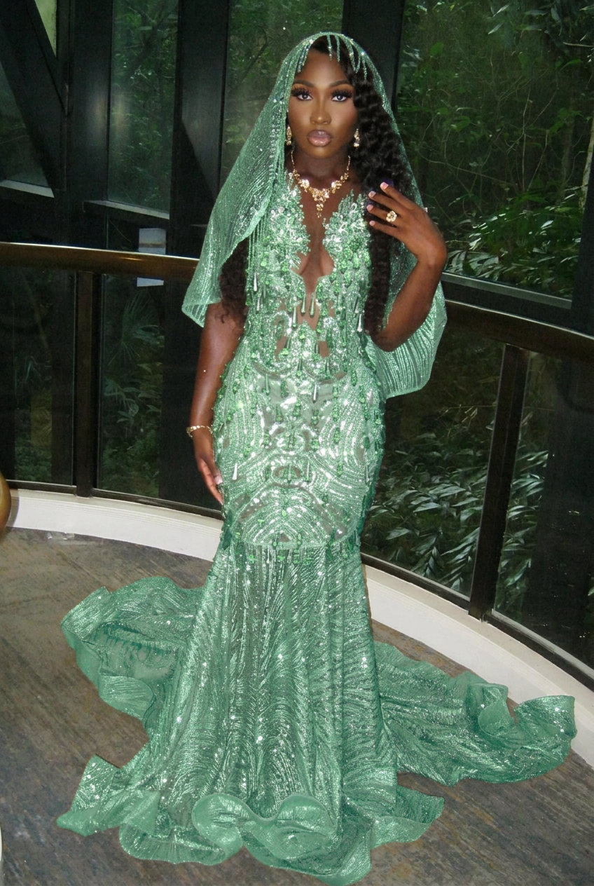 Mint green v-neck beaded mermaid prom dress