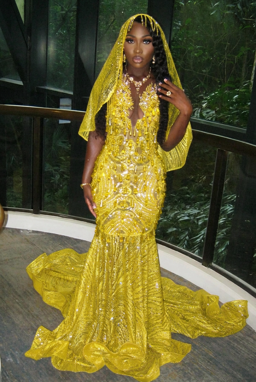 Yellow v-neck beaded mermaid prom dress